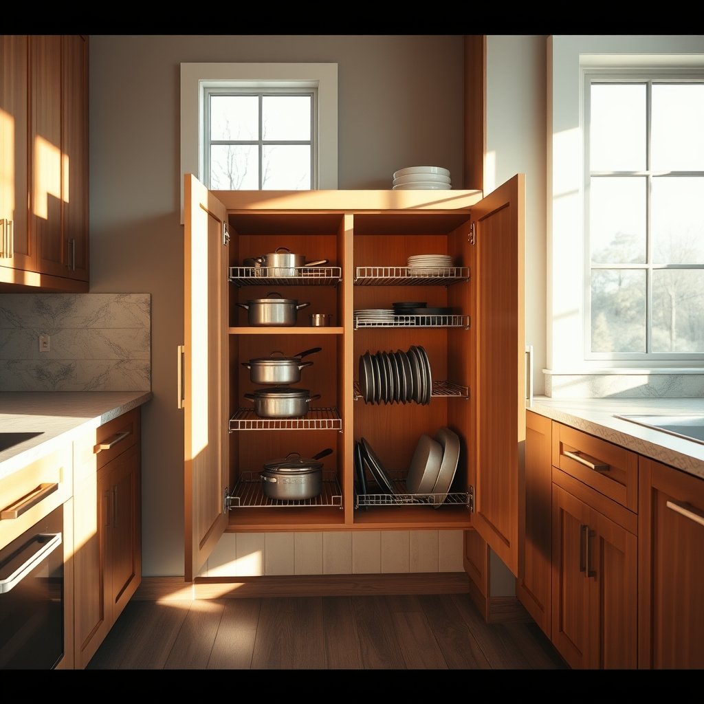 cabinet pull-out shelves on a modern kitchen countertop