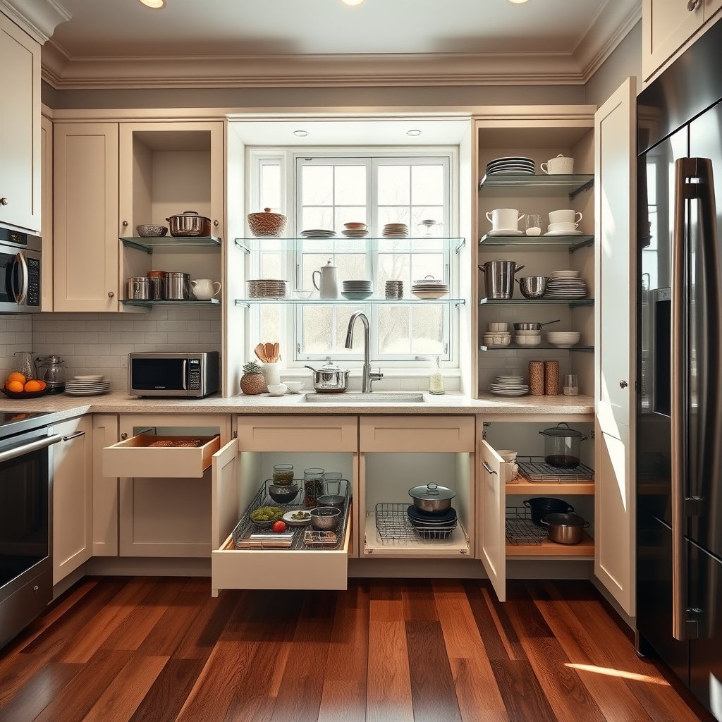 cabinet pull-out shelves in a modern kitchen setting