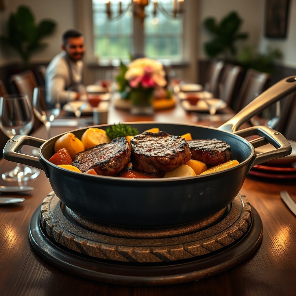 carbon steel pan in a modern kitchen setting
