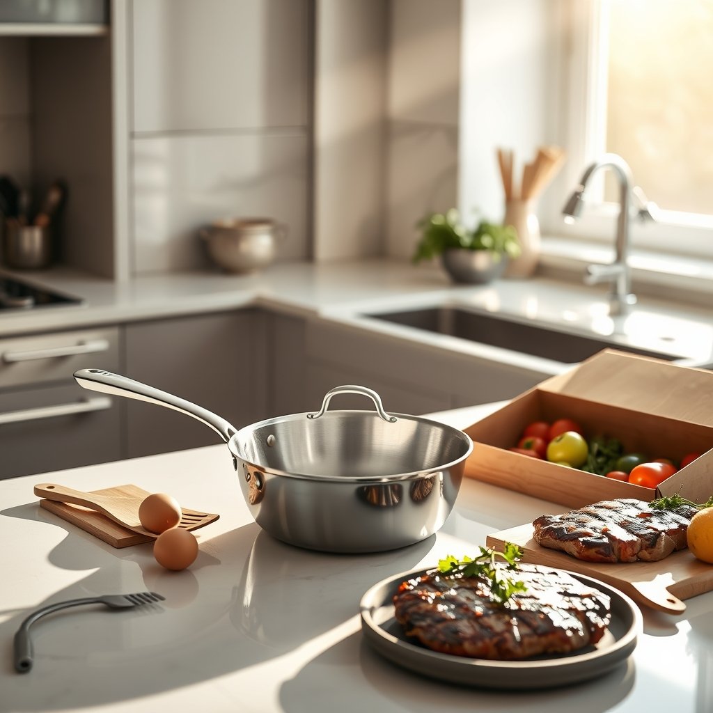 carbon steel pan on a modern kitchen countertop