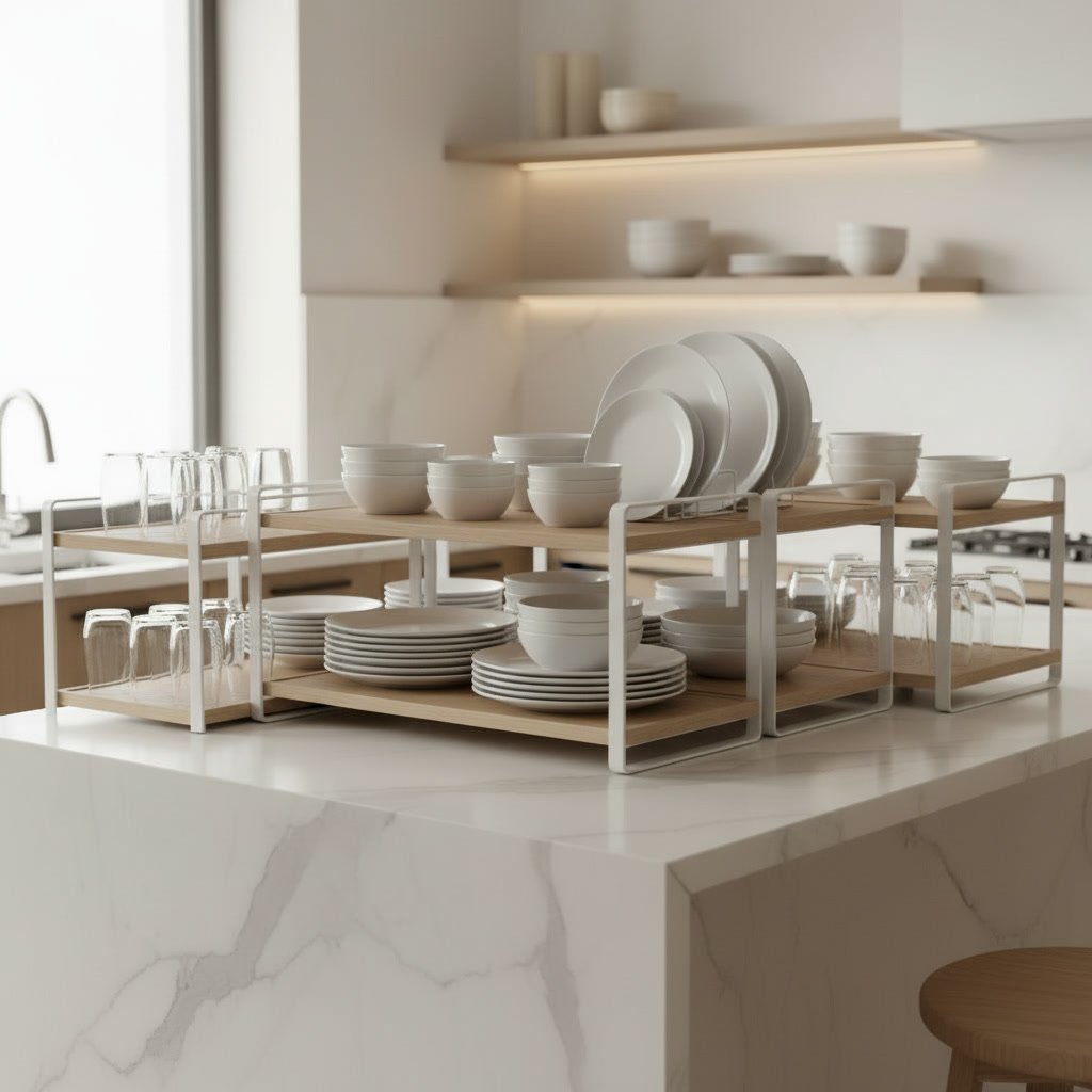 stackable shelf risers kitchen in a modern kitchen setting