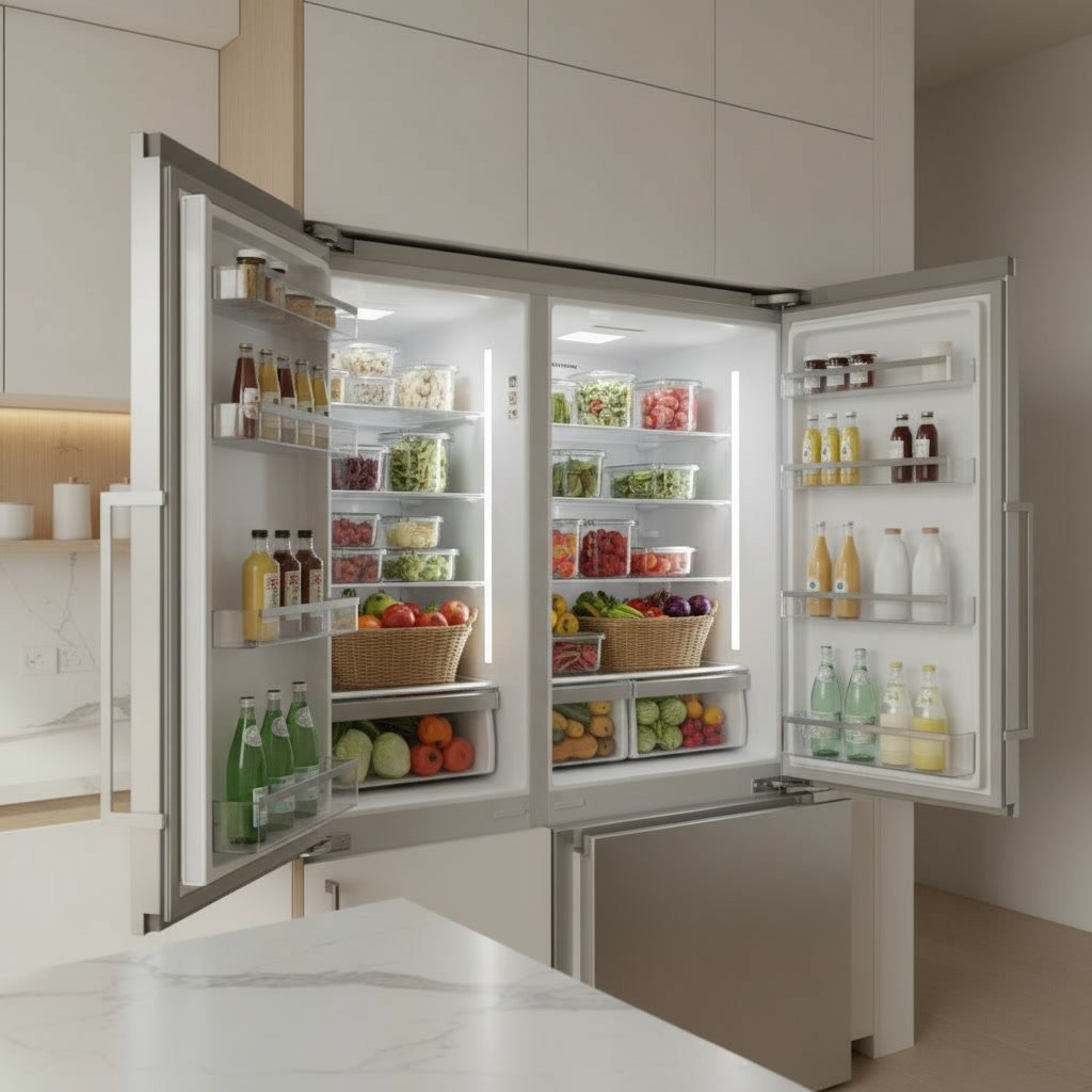 Samsung zero clearance refrigerator in a modern kitchen setting
