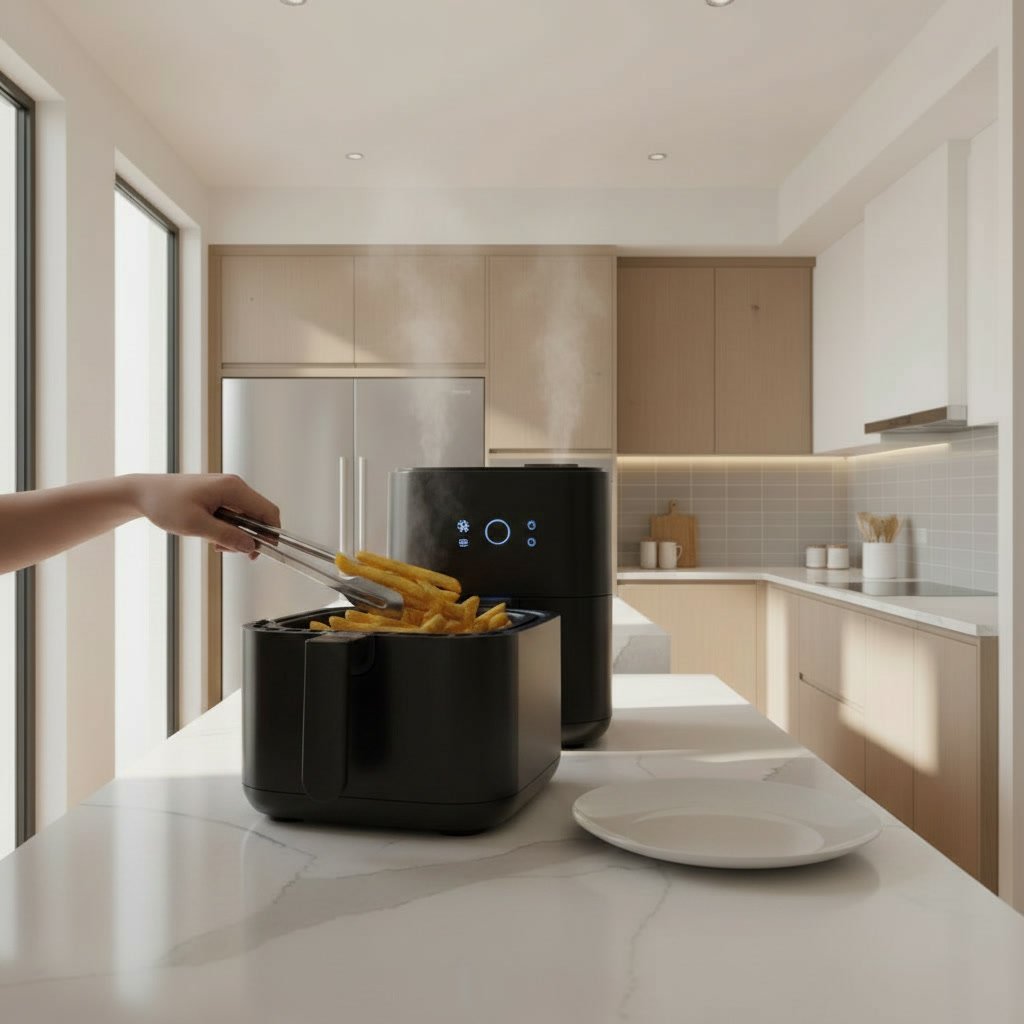 voice controlled air fryer in a modern kitchen setting