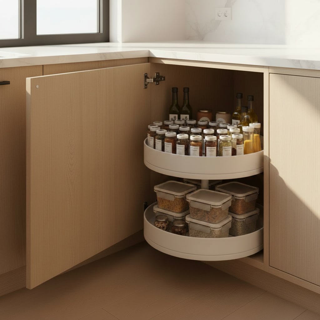 lazy susan cabinet organizer in a modern kitchen setting