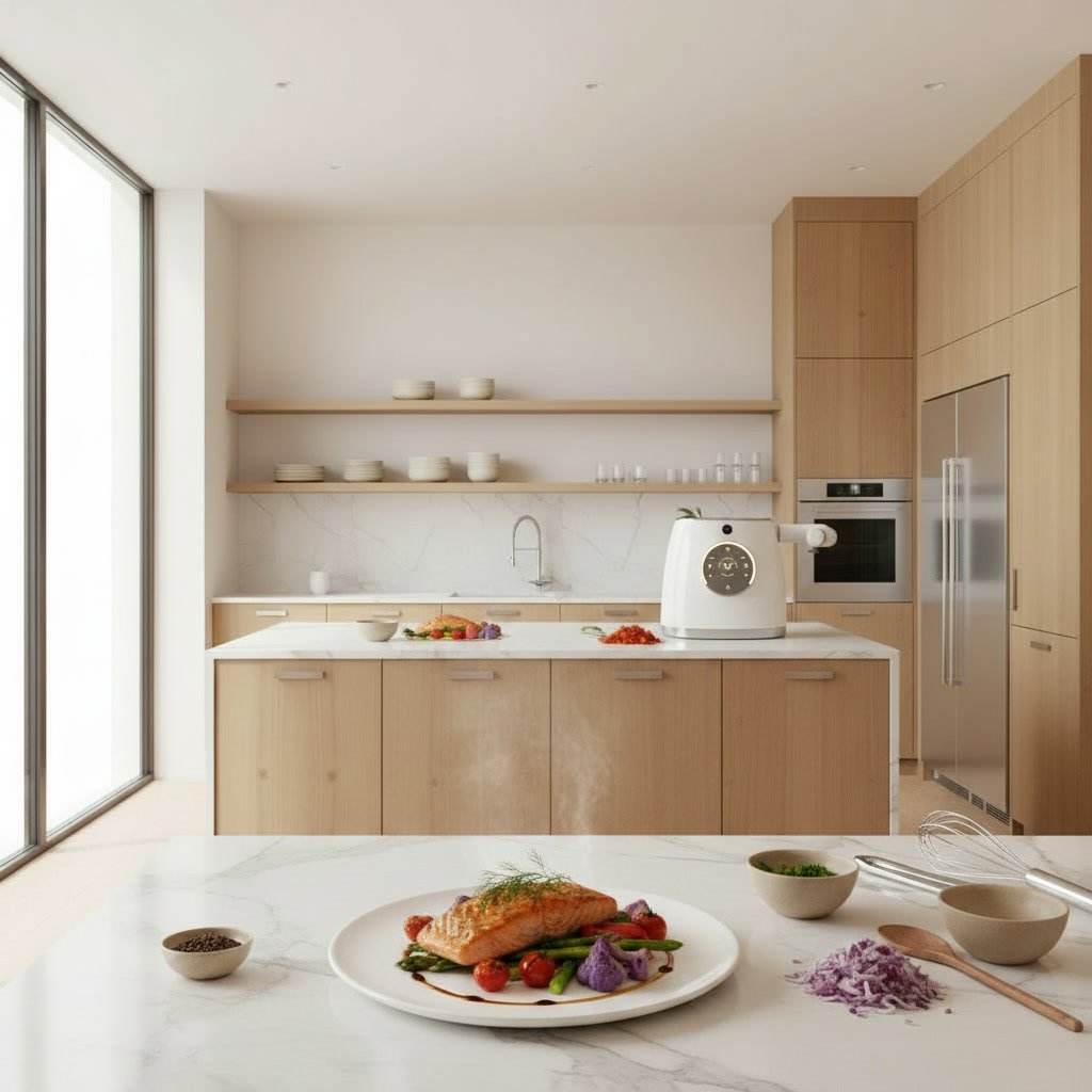 AI cooking assistant appliance in a modern kitchen setting