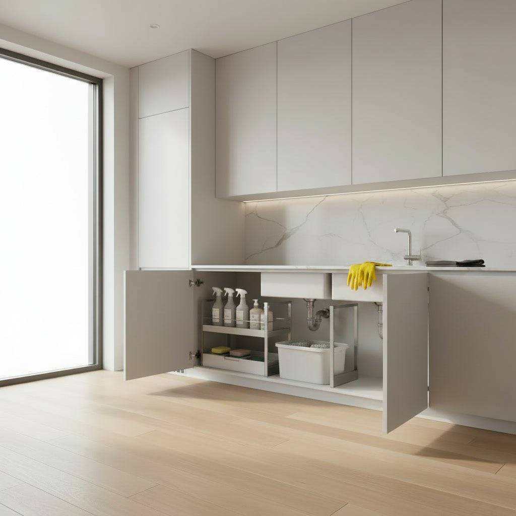 under sink organizer in a modern kitchen setting
