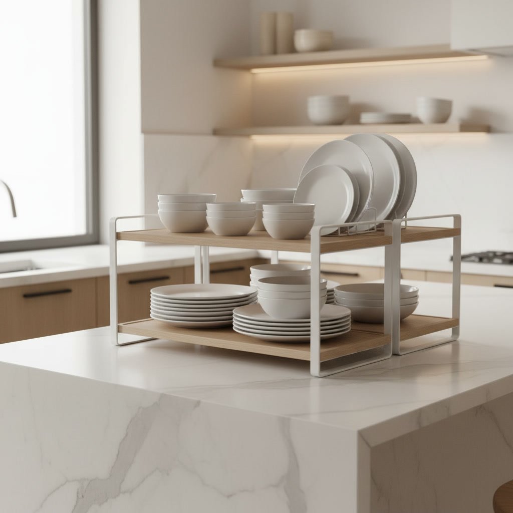 stackable shelf risers kitchen close-up detail