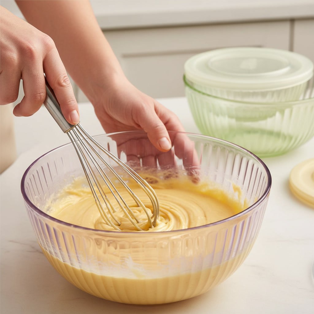 Pyrex Colors Tinted mixing bowls in action