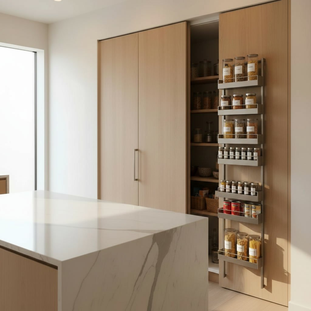 pantry door rack organizer in a modern kitchen setting