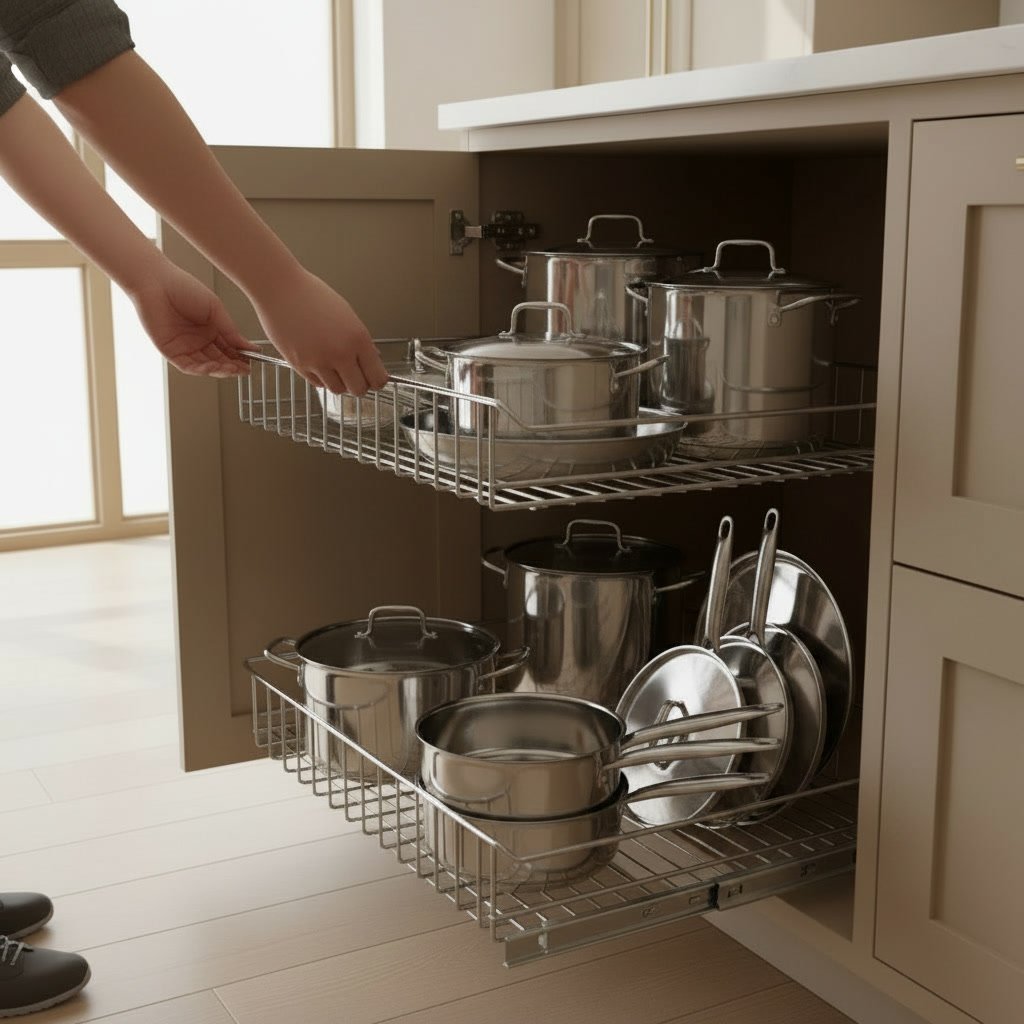 pull out cabinet organizer kitchen in a modern kitchen setting