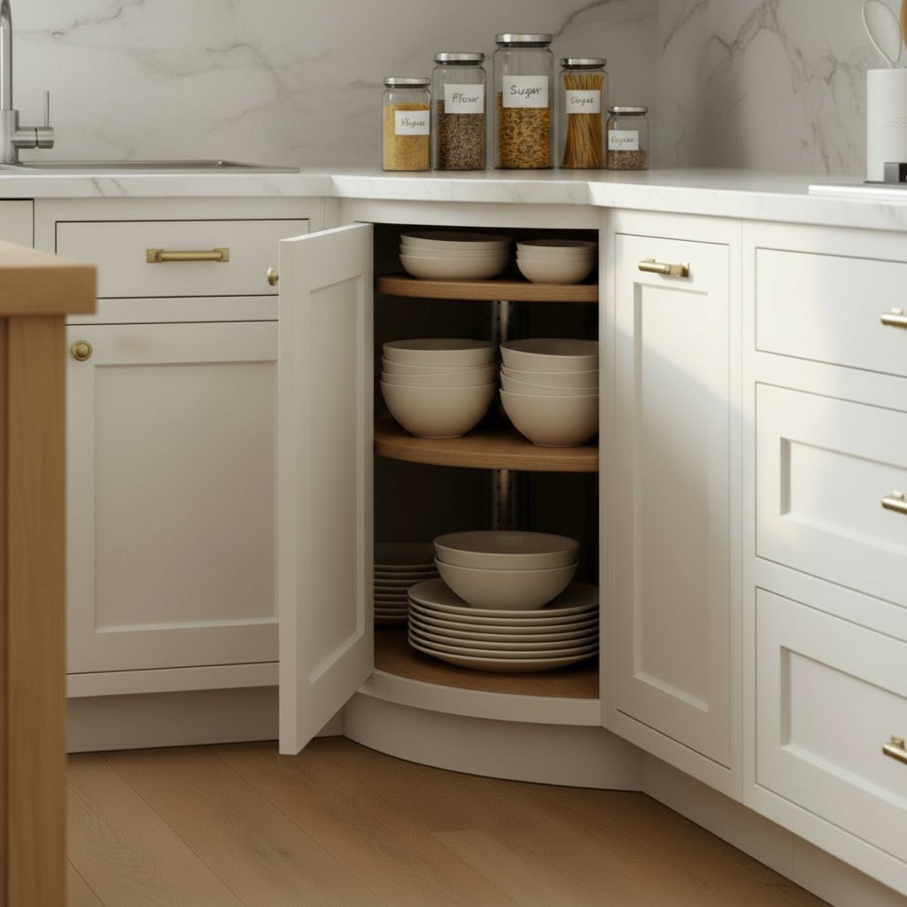 lazy susan kitchen cabinet in a modern kitchen setting