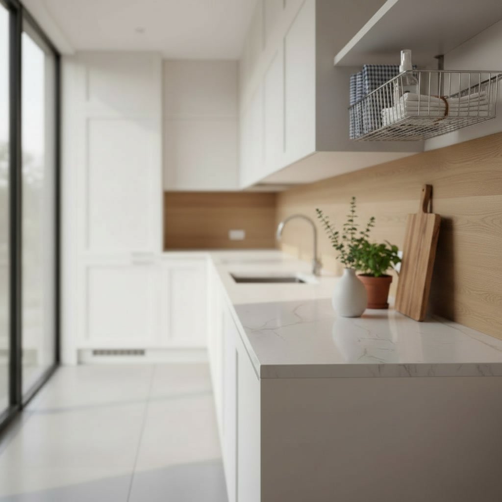 under shelf basket organizer in a modern kitchen setting