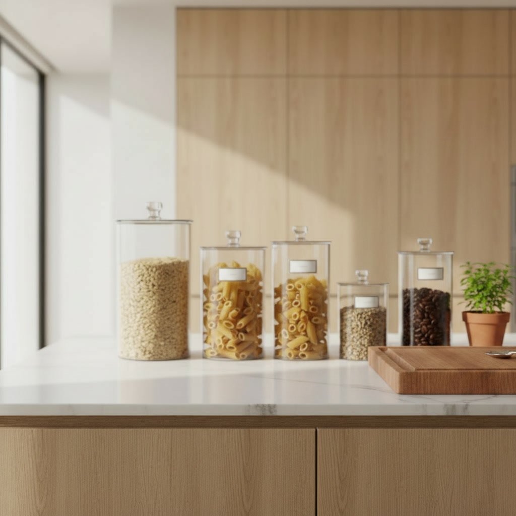 clear airtight food containers in a modern kitchen setting