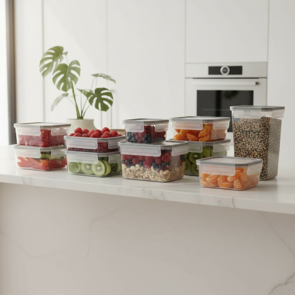 clear food storage containers in a modern kitchen setting