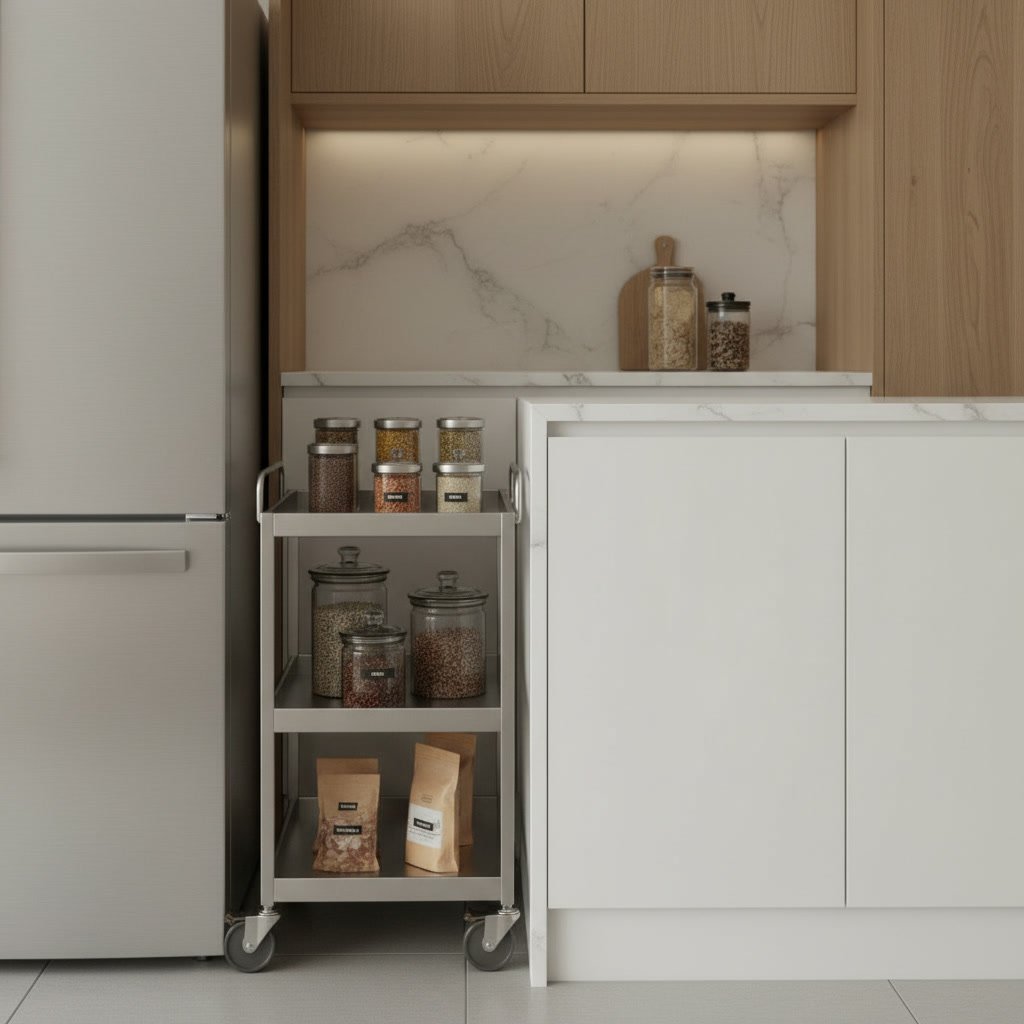 slim rolling pantry cart in a modern kitchen setting