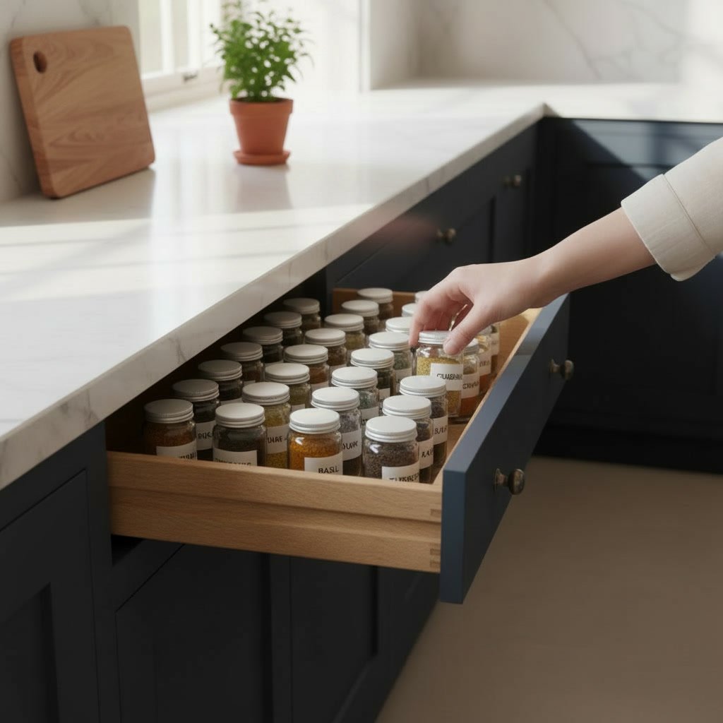 spice drawer organizer in drawer in a modern kitchen setting