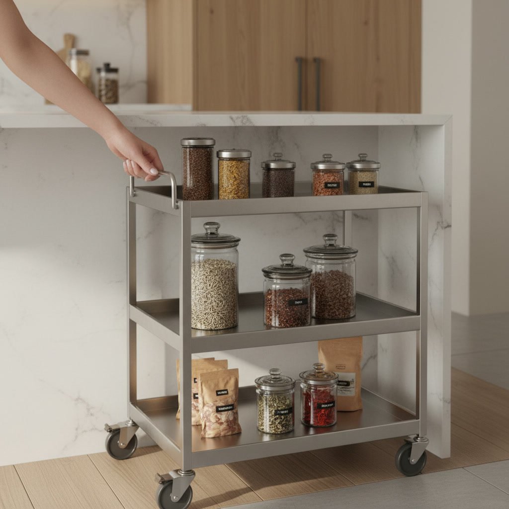 slim rolling pantry cart close-up detail