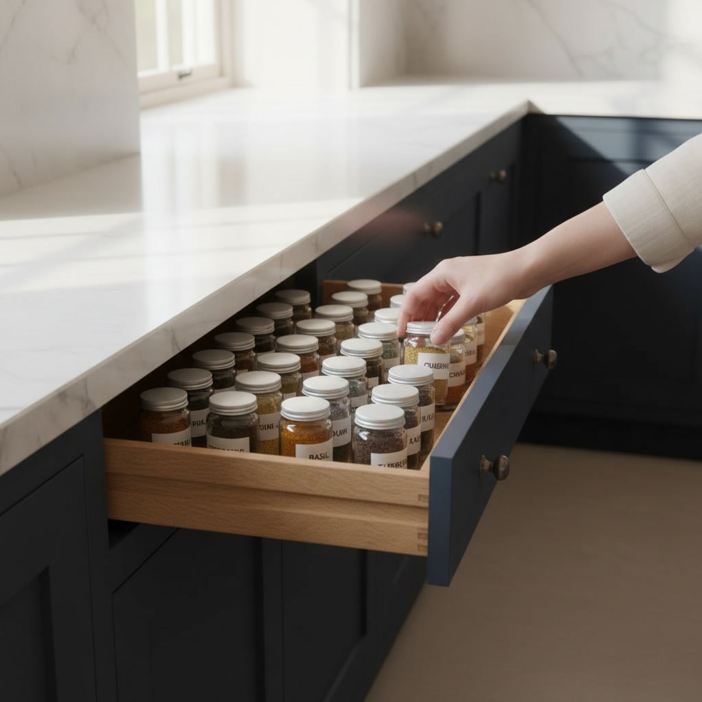 spice drawer organizer in drawer close-up detail