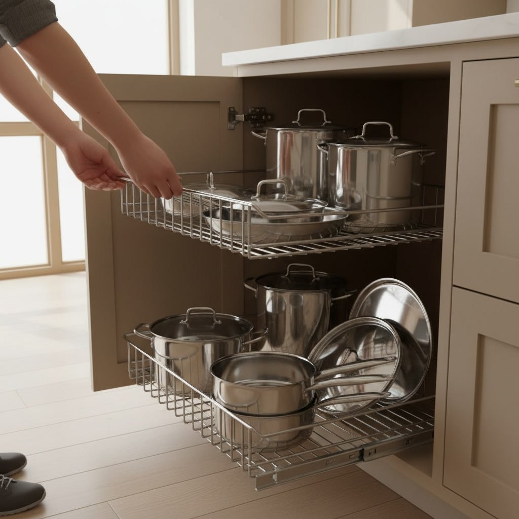pull out cabinet organizer kitchen close-up detail