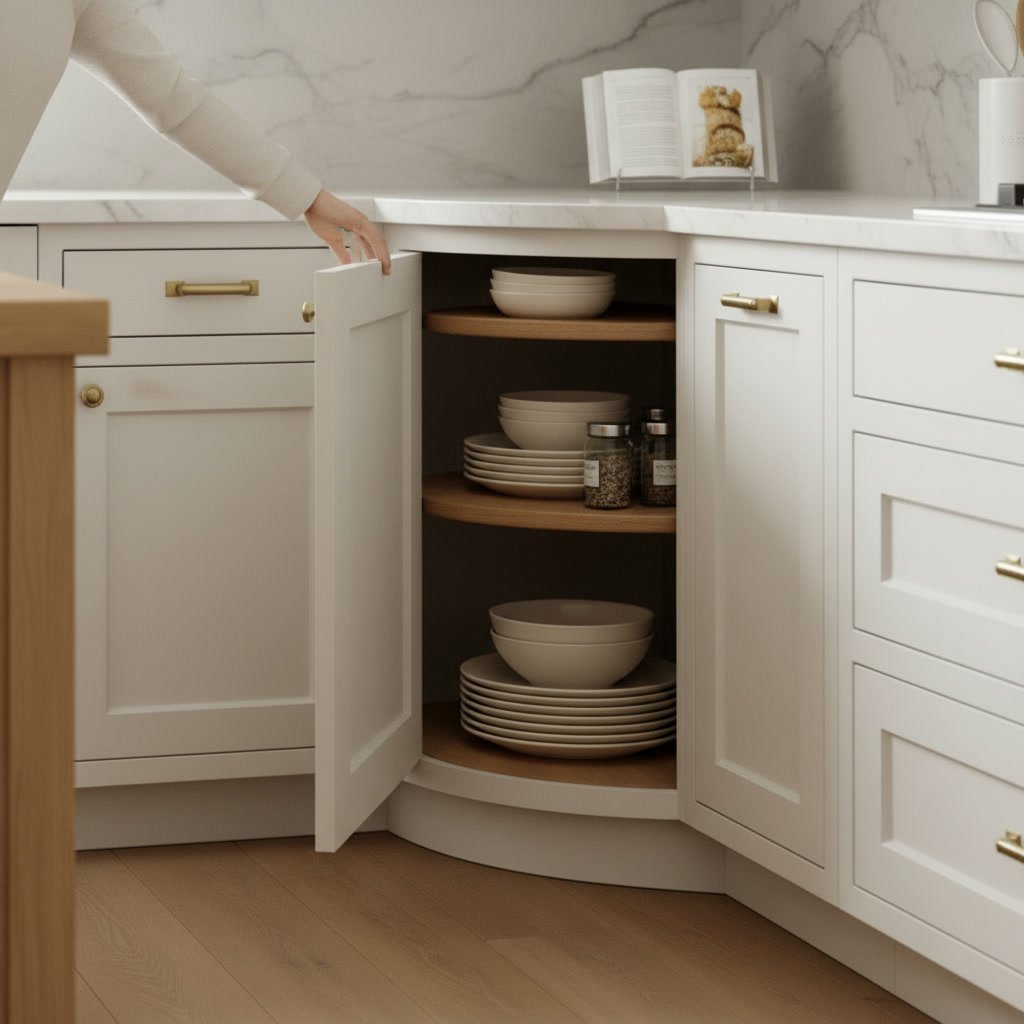 lazy susan kitchen cabinet close-up detail